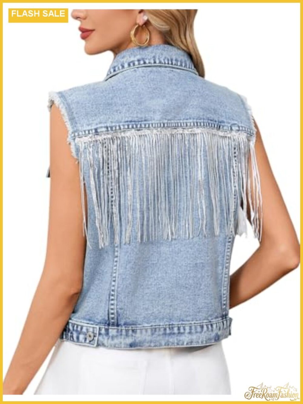 Women's Fringe Denim Vest Sleeveless Jean Vest with Frayed Trim Button Down